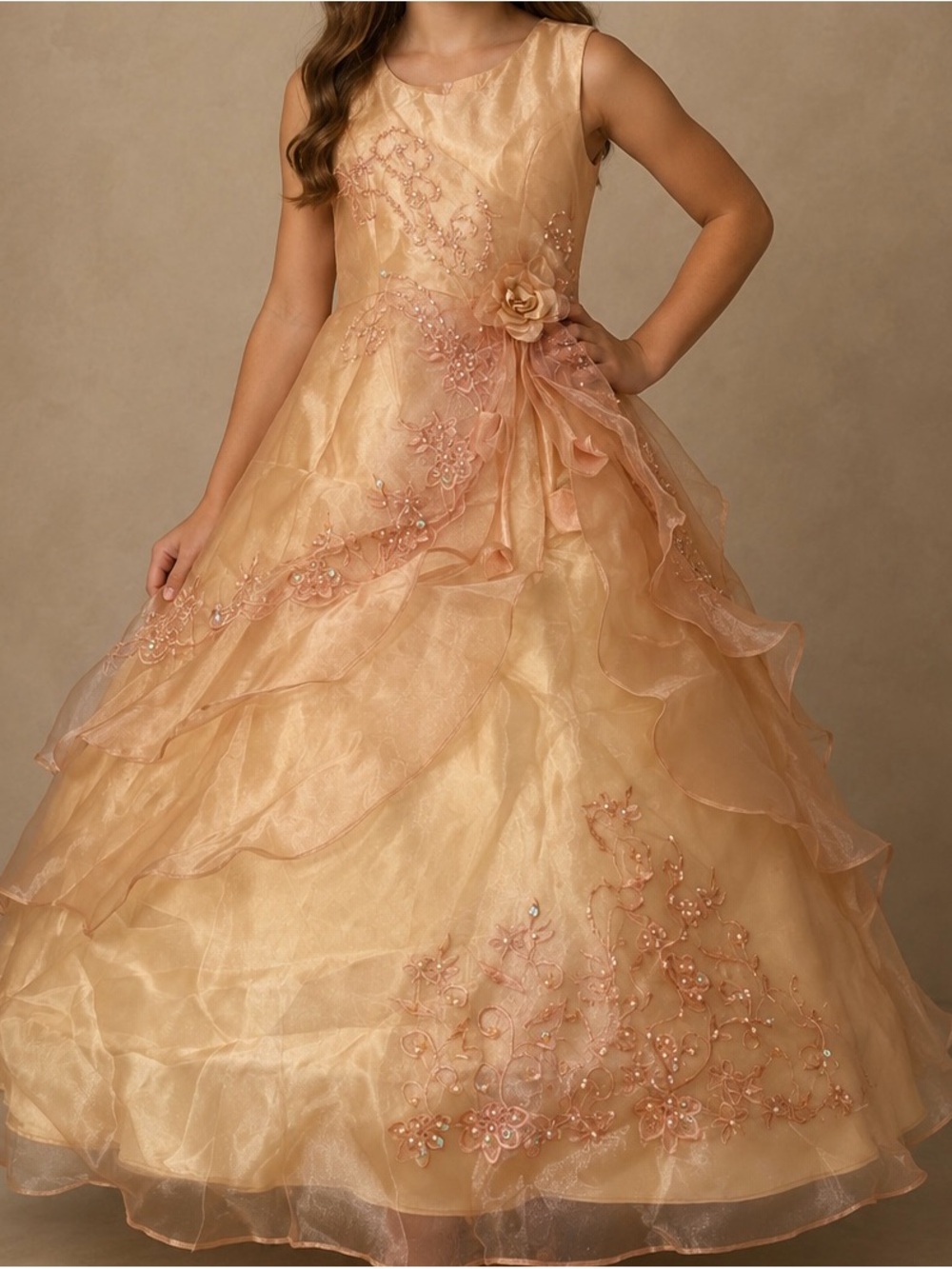 Girls' Champagne Floral Organza Formal Dress
